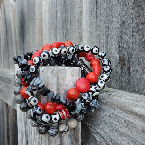 Polka Dot Stretch Bracelets - Set of 5 - Red, Gray, Polka Dots