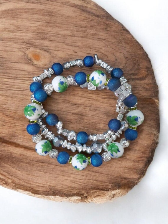 Blue & Green Porcelain Stretch Bracelets Druzy Hematite Faceted Glass