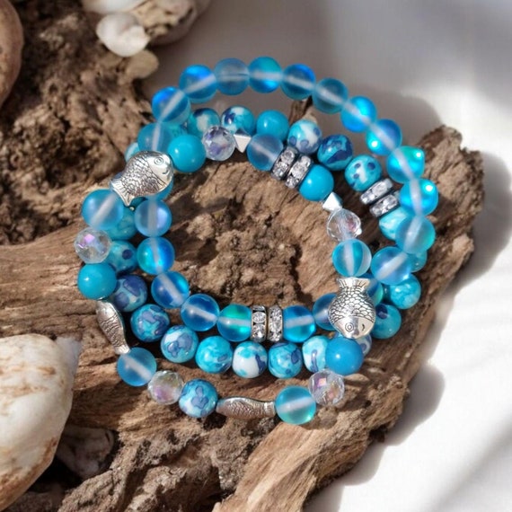Blue Fish Beaded Stretch Bracelets - Set of 3 - Crystal, Glass, Rhinestones