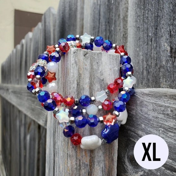 Plus Size Blue Patriotic Stretch Bracelets Red White Glass Stars 8.5" Extended