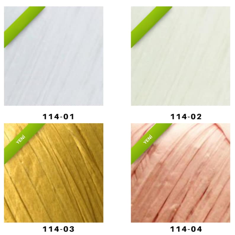 Op de afbeelding: Vier voorbeelden van getextureerd papier in wit, gebroken wit, goud en roze. Elk voorbeeld heeft een groene banner met het woord "Yeni" en een nummer. Het papier heeft een geweven uiterlijk, met zichtbare lijnen en een subtiele glans.