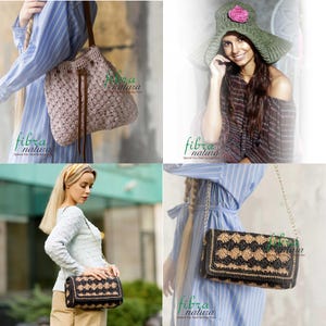 Op de afbeelding: Een collectie handgemaakte gehaakte tassen en een zonnehoed. De tassen hebben verschillende ontwerpen, waaronder een emmertas met trekkoord en een rechthoekige clutch met een kettingriem. De zonnehoed is olijfgroen met een roze bloem. De tassen en hoed worden door modellen getoond.