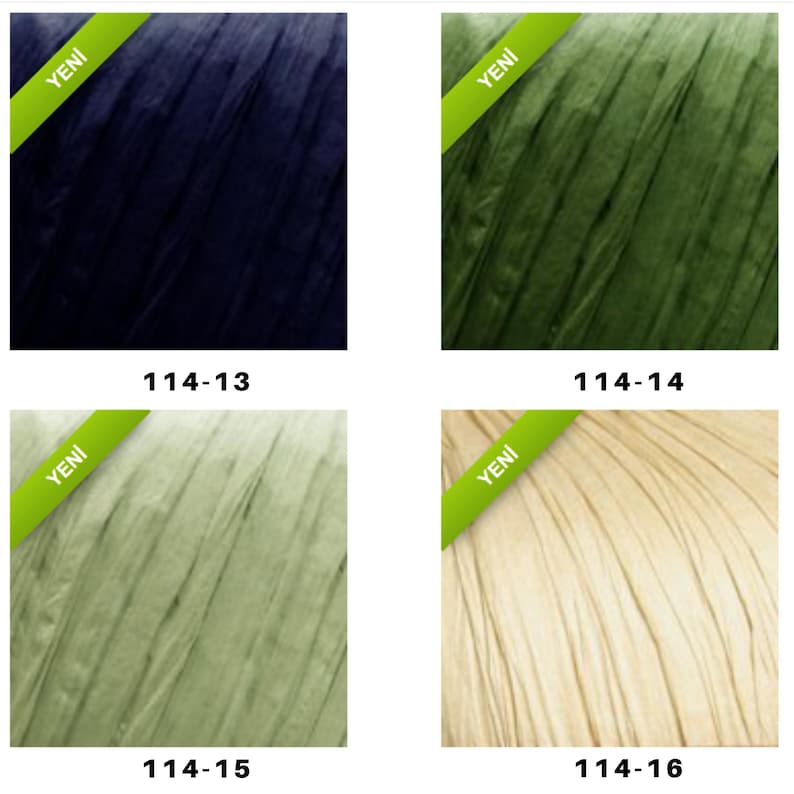 Op de afbeelding: Vier voorbeelden van getextureerd knutselmateriaal in marineblauw, olijfgroen, lichtgroen en cr&egrave;mekleur. Elk voorbeeld heeft een diagonale groene banner met het woord "YENI" en een productcode.