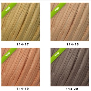 Op de afbeelding: Vier stalen van getextureerd materiaal in verschillende tinten bruin en grijs. Elk staal heeft een groene banner met het woord "YENI" en een nummercode. De kleuren vari&euml;ren van lichtbeige tot donkergrijs.