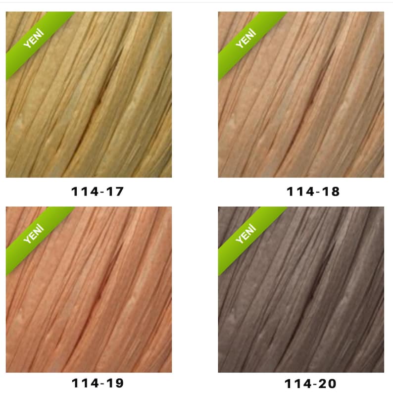Op de afbeelding: Vier stalen van getextureerd materiaal in verschillende tinten bruin en grijs. Elk staal heeft een groene banner met het woord "YENI" en een nummercode. De kleuren vari&euml;ren van lichtbeige tot donkergrijs.