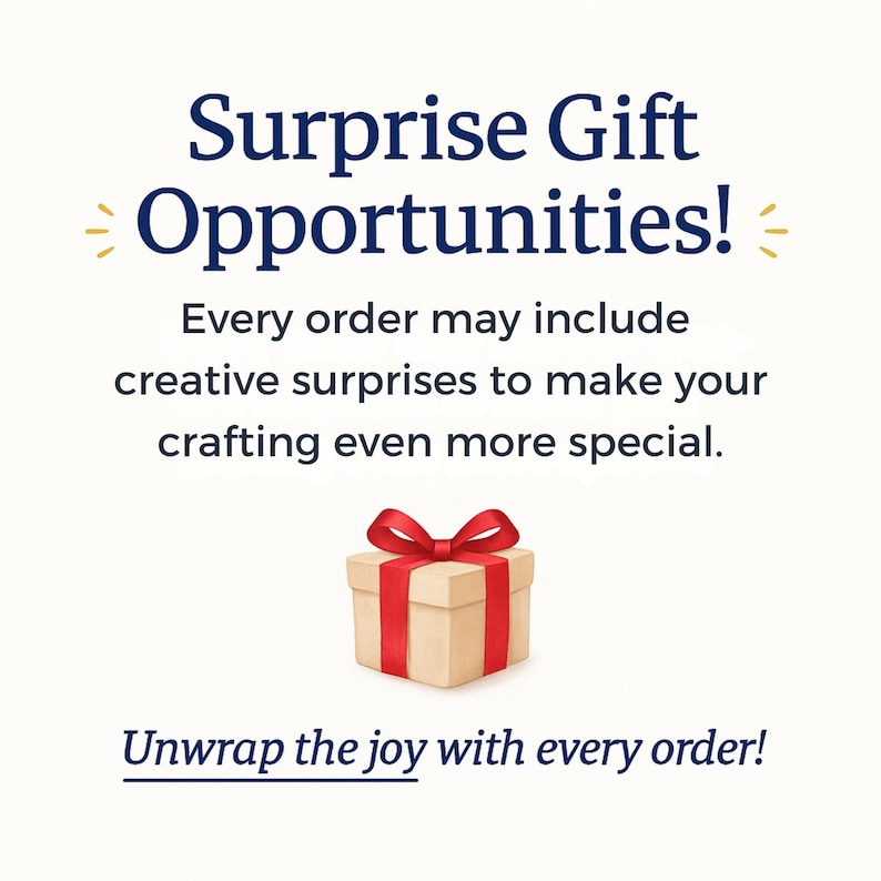 Op de afbeelding: Afbeelding met tekst: "Surprise Gift Opportunities!" en "Ontdek de vreugde bij elke bestelling!" Een beige geschenkdoos met een rode strik staat in het midden. De tekst vermeldt ook creatieve verrassingen om het knutselen speciaal te maken.