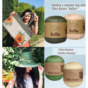 Op de afbeelding: De afbeelding toont een handgemaakte raffia tas met zonnebloemborduurwerk, een groene raffia hoed en spoelen Fibra Natura Raffia garen. De tekst luidt "Making a summer bag with Fibra Natura Raffia".