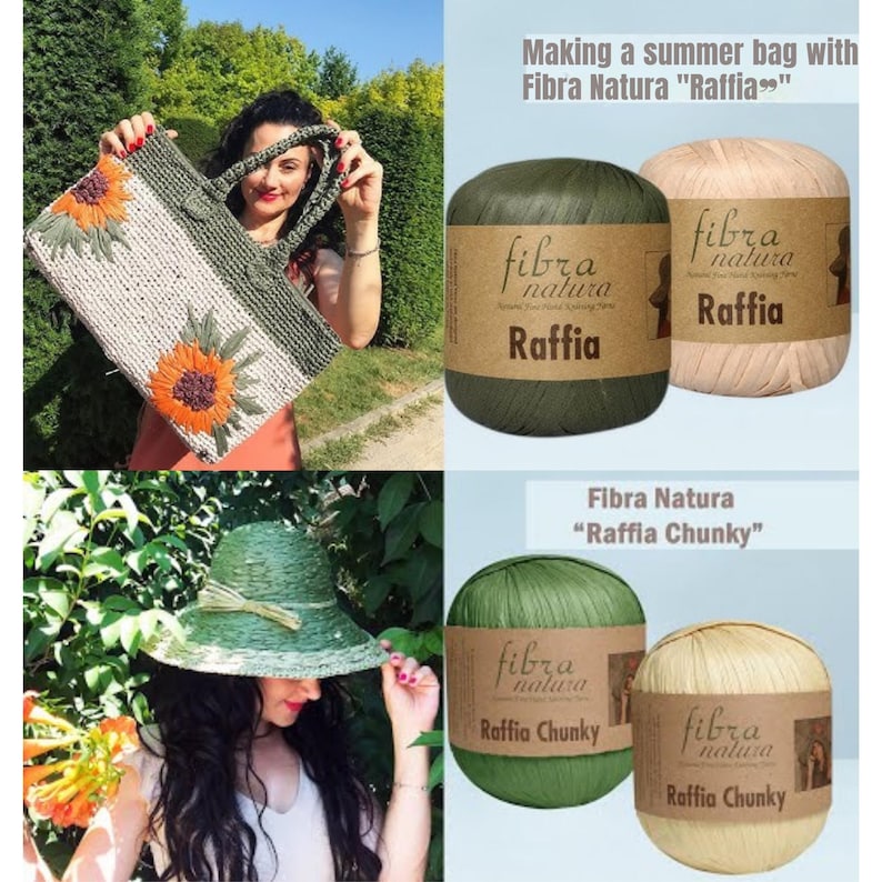 Op de afbeelding: De afbeelding toont een handgemaakte raffia tas met zonnebloemborduurwerk, een groene raffia hoed en spoelen Fibra Natura Raffia garen. De tekst luidt "Making a summer bag with Fibra Natura Raffia".