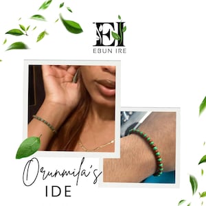 May include: The image showcases a brown and green beaded bracelet. The text "Orunmila's IDE" is displayed, along with "Original brown green glass beads." The bracelet is shown on a wrist and arm, with a close-up view of the beads.