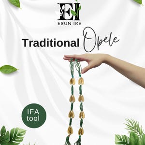 May include: A traditional Opele, an IFA tool, is held up against a white background. The Opele features a green beaded chain with gold-colored seed pods. The image includes the text "Ebun Ire" and "Traditional Opele."