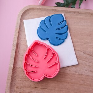 May include: Two plastic cookie cutters in the shape of a tropical leaf. The cutter on the left is pink and the cutter on the right is blue.