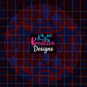 Puede incluir: Un diseño de patrón azul oscuro y rojo con una superposición de cuadrícula. El diseño presenta siluetas de criaturas y flores. El texto "KA Kreative Designs" está en rosa y blanco.