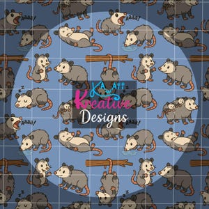 Puede incluir: Un patrón repetitivo de zarigüeyas de dibujos animados en varias poses sobre un fondo azul. Algunas zarigüeyas duermen, otras cuelgan de una rama y otras beben agua. El texto "KA ATZ Kreative Designs" está en el centro.