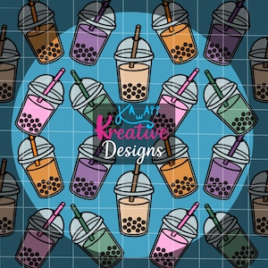 May include: A pattern of bubble tea drinks in various colors, including pink, orange, purple, and green, with black tapioca pearls. Each drink has a clear lid and a straw. The background is a grid pattern with the text "Kreative Designs".