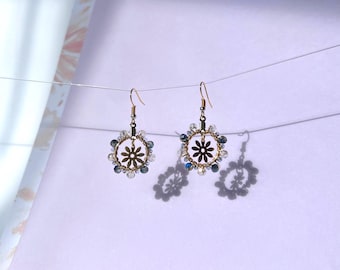 Golden Flower Earring Hoops with Blue Embellishments