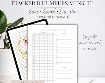 Tracker Humeurs Mensuel PDF Français | Mood Tracker 31 Jours | Suivi Émotions Pixelisé | Journal Bien-Être | Imprimable A4 et Lettre US