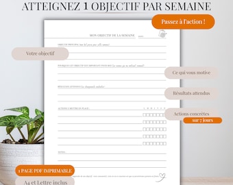 Planificateur hebdomadaire objectifs PDF | Weekly Goal Planner | Organisation semaine 7 jours | Priorités & actions | Imprimable A4 Lettre