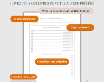 Suivi livres auteurs préférés PDF Français | Tracker lecture par auteur + wishlist & collection | Évaluation 5 étoiles | Author book tracker