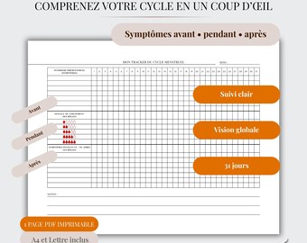Tracker cycle menstruel PDF | Suivi complet symptômes avant, pendant et après règles | Cycle 31 jours | Period symptom tracker printable