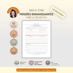 Peut inclure: Une fiche de travail intitulée RESET MENTAL avec des sections pour trier les pensées, incluant LÂCHER-PRISE EXPRESS et une échelle de satisfaction. Elle présente un diagramme circulaire avec des icônes et un portrait de professionnelle.