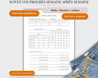 Suivi perte de poids PDF | Plan 4 semaines avec pesées, mesures, actions | Motivation et progression claire | Weight loss tracker printable