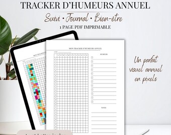 Tracker Humeurs Annuel PDF | Mood Tracker 12 Mois 31 Jours | Suivi Émotions Pixelisé | Journal Bien-Être | Imprimable A4 et Lettre US
