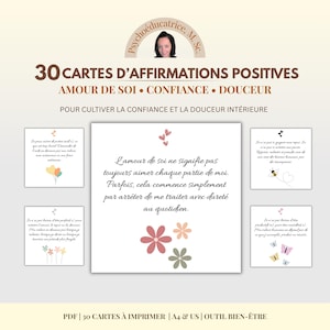 Peut inclure: Un ensemble de 30 cartes d'affirmations positives imprimables sur l'amour de soi, la confiance et la douceur. Les cartes présentent des textes en français accompagnés d'illustrations de cœurs, de fleurs, d'abeilles et de papillons.