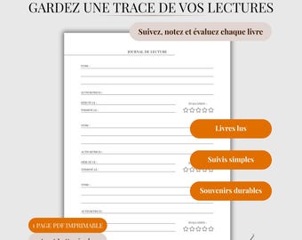 Französisches PDF-Lesetagebuch | Minimalistisches Buchjournal | Lesetracker mit Notizen und Bewertungen | Druckbares Lesetagebuch | Lesespuren