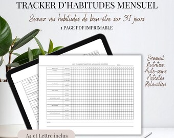 Monatlicher Gewohnheitstracker (PDF, Französisch) | 31-Tage-Wellness-Gewohnheitstracker | Gesundheit und Tagesablauf | Druckbarer Planer (A4 & Letter)