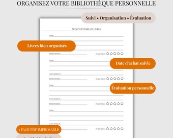 Inventaire livres PDF | Suivi bibliothèque personnelle avec date d’achat et évaluation | Organisation livres lus | Book inventory tracker