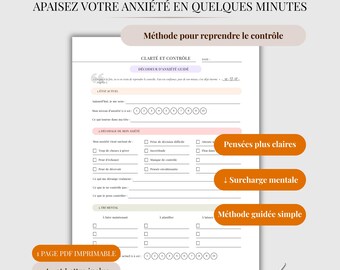 Apaiser l’anxiété rapidement PDF | Méthode guidée pour clarifier ses pensées, reprendre le contrôle | Outil anti-surcharge mentale printable