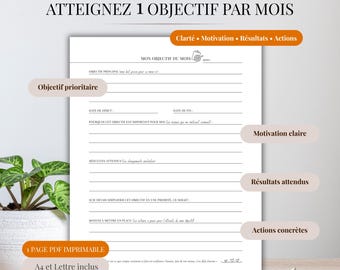 Planificateur mensuel PDF Français | Atteindre 1 objectif par mois | Motivation, résultats, actions | Goal planner imprimable | A4 & Lettre