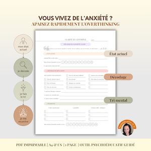 Peut inclure: Une fiche de travail PDF imprimable intitulée CLARTÉ ET CONTRÔLE avec des sections pour suivre les niveaux d'anxiété, décoder les pensées et trier les idées. La page comprend des cases à cocher, des lignes d'écriture et un graphique circulaire.