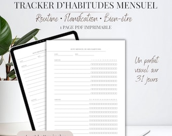 Tracker Habitudes Mensuel PDF Français | Suivi 31 Jours à Cocher | Suivi Tableau Routine Mois | Planner Minimaliste A4 et US | Organisateur