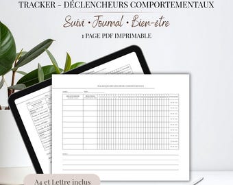 Verhaltensauslöser-Tracker (PDF, Französisch) | Arbeitsblatt zur Selbstreflexion und Emotionsregulation | Wellness-Tagebuch zum Ausdrucken (A4 und US Letter)