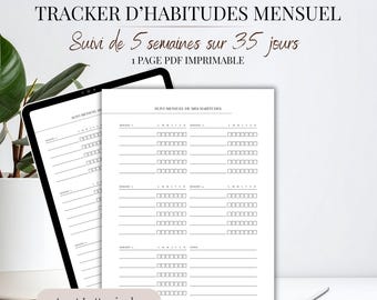 Tracker Habitudes Mensuel PDF Français | Suivi 5 Semaines 7 Jours | Habit Planner Minimaliste Imprimable A4 Lettre US | Organisation mois
