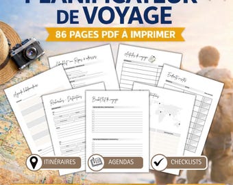 Planificateur de voyage PDF 86 pages en français | Itinéraire, budget, checklists, agendas, recherches, checklists | Carnet imprimable