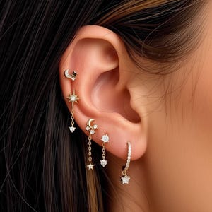 Celestial Curated Ear Set • North Star Dangle Earrings • Gold Moon and Star Studs • Ethereal Earring Stack • Dainty Earcuff Piercing Jewelry