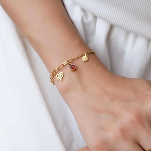 Pulsera tobillera vintage de oro de 18k con inicial, piedra de nacimiento, pulsera del zodíaco, joyería vintage, pulsera de oro, resistente al agua, regalo de Navidad para ella y mamá.
