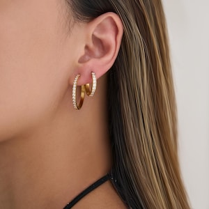 May include: Gold-toned hoop earrings, one pair with a smaller hoop nested inside a larger one. The outer hoops are encrusted with small, sparkling stones. The earrings are displayed on an ear, with the hair and shoulder visible in the background.
