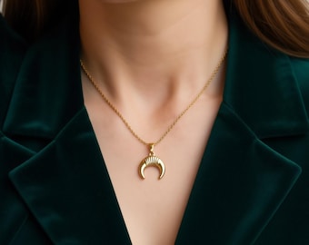 Gold Crescent Moon Necklace, Horn Solid Charm Ram Strength Power Pendant Multiple Chain Necklace Earring Set Gift (Waterproof, Tarnish-Free)