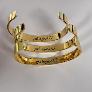 Personalized Engraved Gold Cuff Bracelet ・ Custom Quote God is Good Bangle ・ Christmas Jewelry Bracelet Gift for Her Mom Wife WATERPROOF
