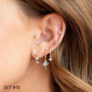 Curated Ear Stack Set • Gold Flower Earrings Emerald Green • Celestial Star Moon Studs • Pink Saturn Planet Jewelry Ear Party Piercing Gift