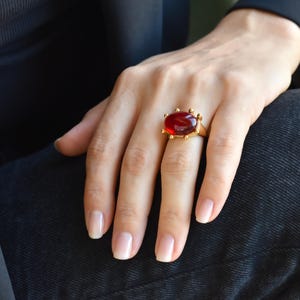 Gold Filled Bold Statement Chunky Ring - Simple Stacking Band for Women Oval Pearl Ruby Red Scarlet, Ruby, Maroon Black Onyx Cocktail Ring