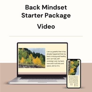 May include: A laptop and smartphone display a video about back health. The laptop screen shows a landscape with yellow and green trees. The text on the screen reads, "I am so grateful that my back is strong and healthy."