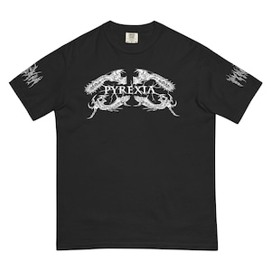 May include: Black t-shirt with a white graphic design featuring the word "PYREXIA" above two stylized dragon-like creatures. The sleeves have additional white tribal-style designs. The shirt is a comfortable, casual wear item.
