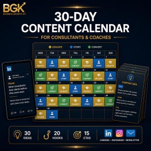 Op de afbeelding: Een 30-daagse contentkalender voor consultants en coaches, met een contentplan. De afbeelding toont een kalender, contentideeën en social media-pictogrammen. Het kleurenschema is donkerblauw en goud.