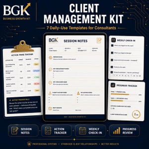 Può includere: Grafica blu scuro con un kit di gestione clienti con modelli per consulenti. Il kit include note di sessione, un tracker degli elementi d'azione, un check-in settimanale e modelli di revisione dei progressi. Il testo "Client Management Kit" è ben visibile.