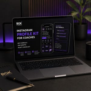 May include: A laptop screen displaying an Instagram profile kit for coaches, featuring text that reads BGK BY GROWTHKIT, INSTAGRAM PROFILE KIT FOR COACHES, BIO FORMULA, DM SCRIPTS, and AUDIT CHECKLIST, alongside a smartphone and tablet interface mockup.
