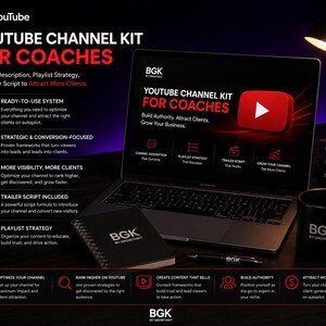 Può includere: Un kit di marketing digitale per canali YouTube visualizzato su uno schermo di un portatile, con il testo YouTube Channel Kit For Coaches, un taccuino a spirale, una tazza nera e una penna, tutti marchiati con il logo BGK by Growthkit su una scrivania scura.